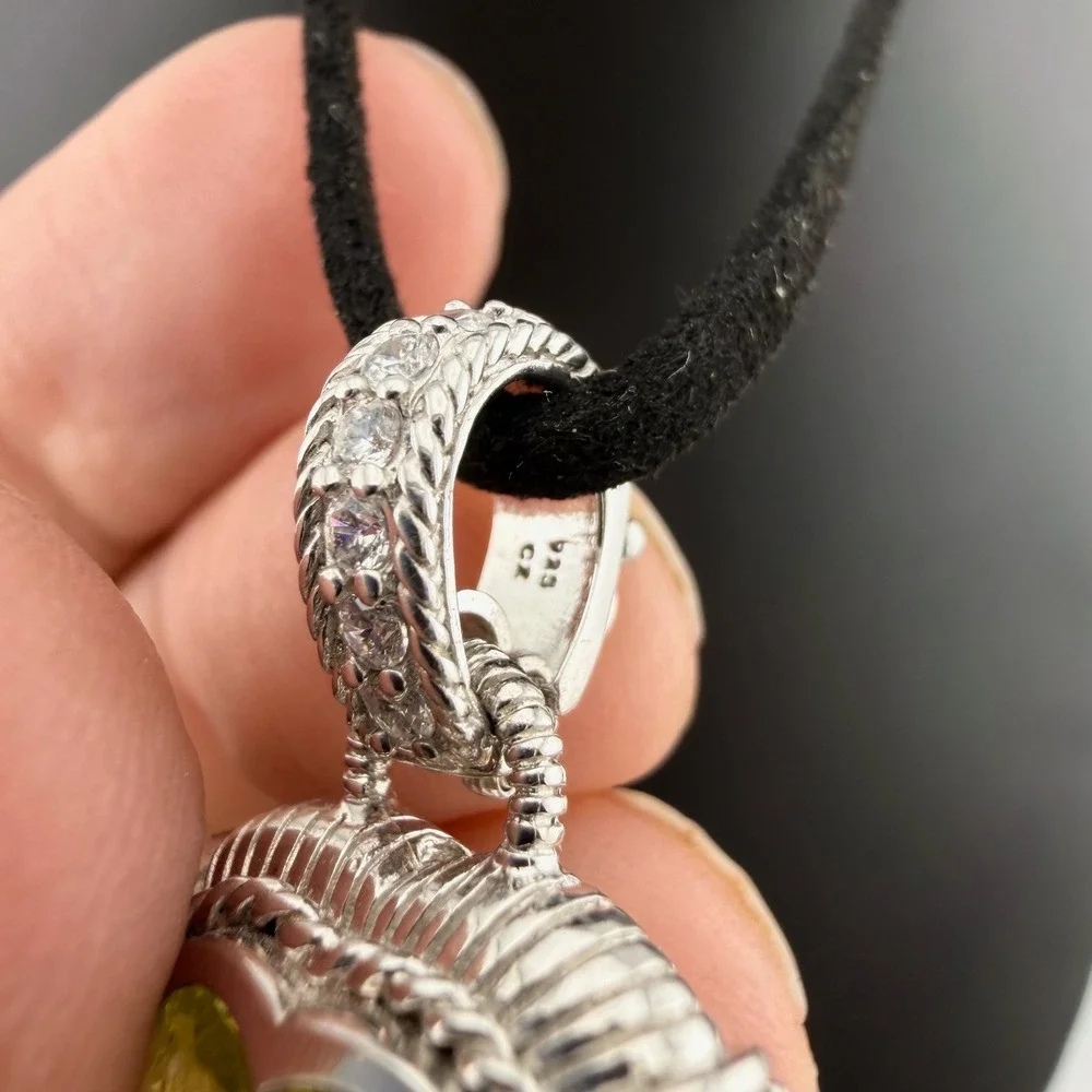 Judith Ripka Womens OS Silver Heart Enhancer Yellow Quartz CZ Pendant